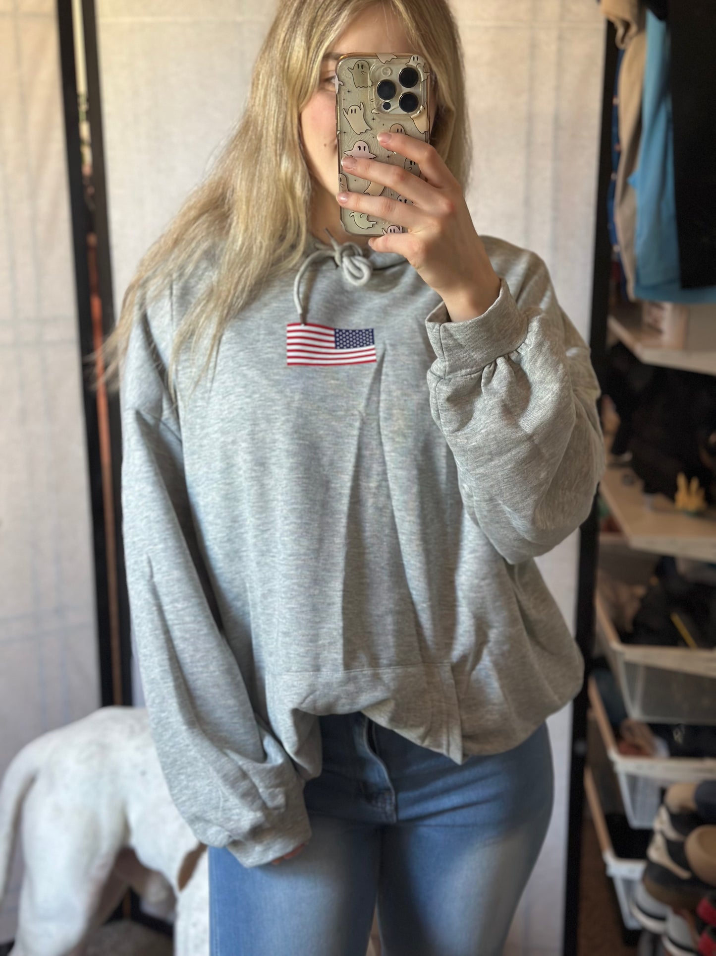Drawstring US Flag Long Sleeve Hoodie
