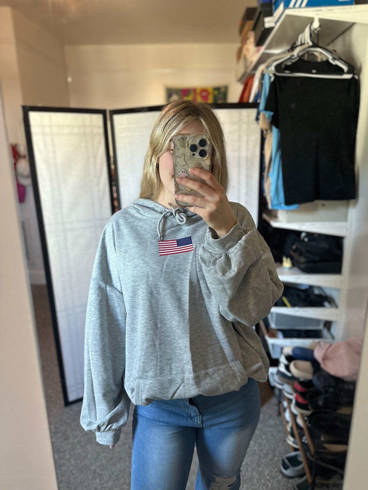 Drawstring US Flag Long Sleeve Hoodie