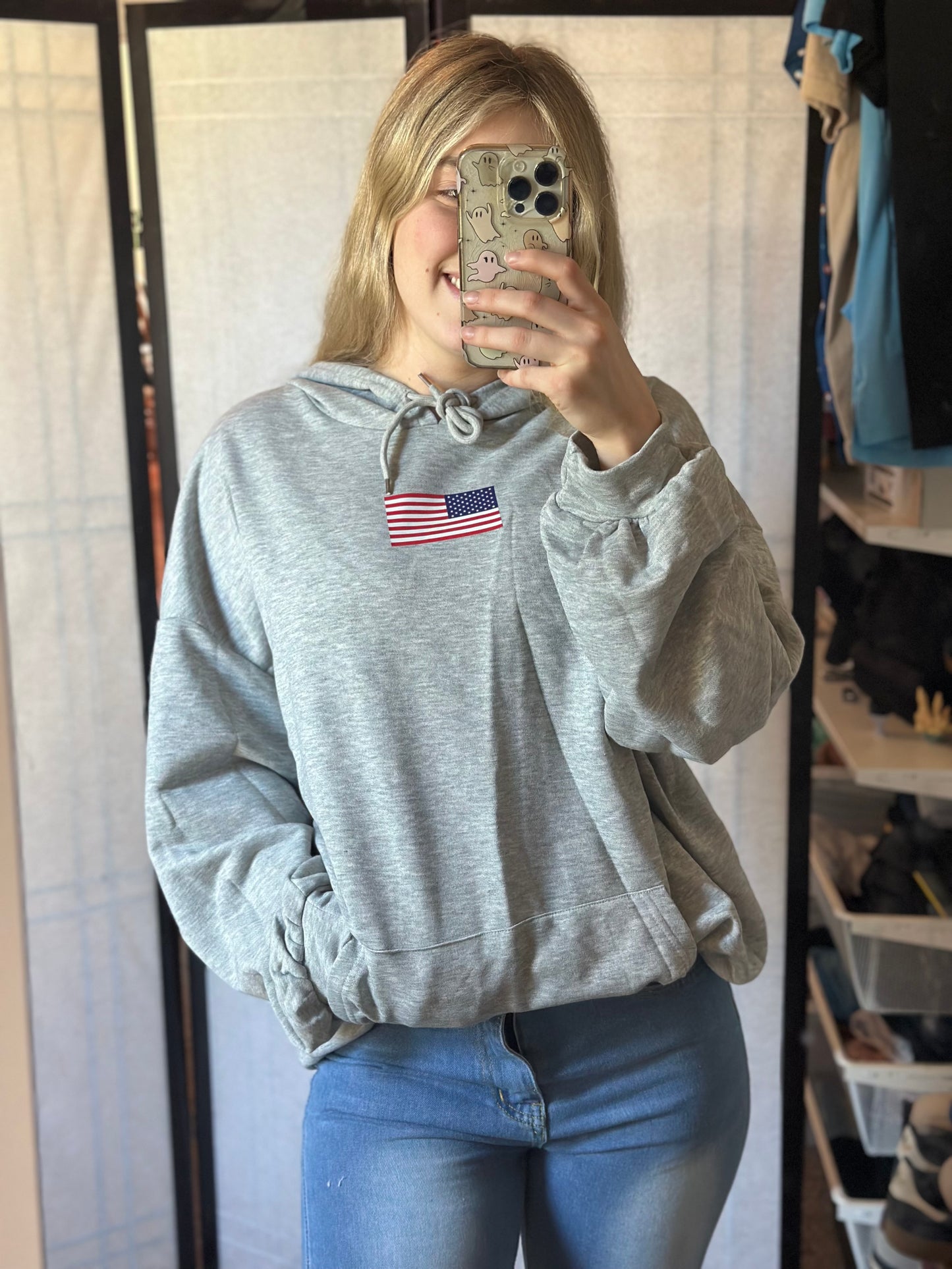 Drawstring US Flag Long Sleeve Hoodie