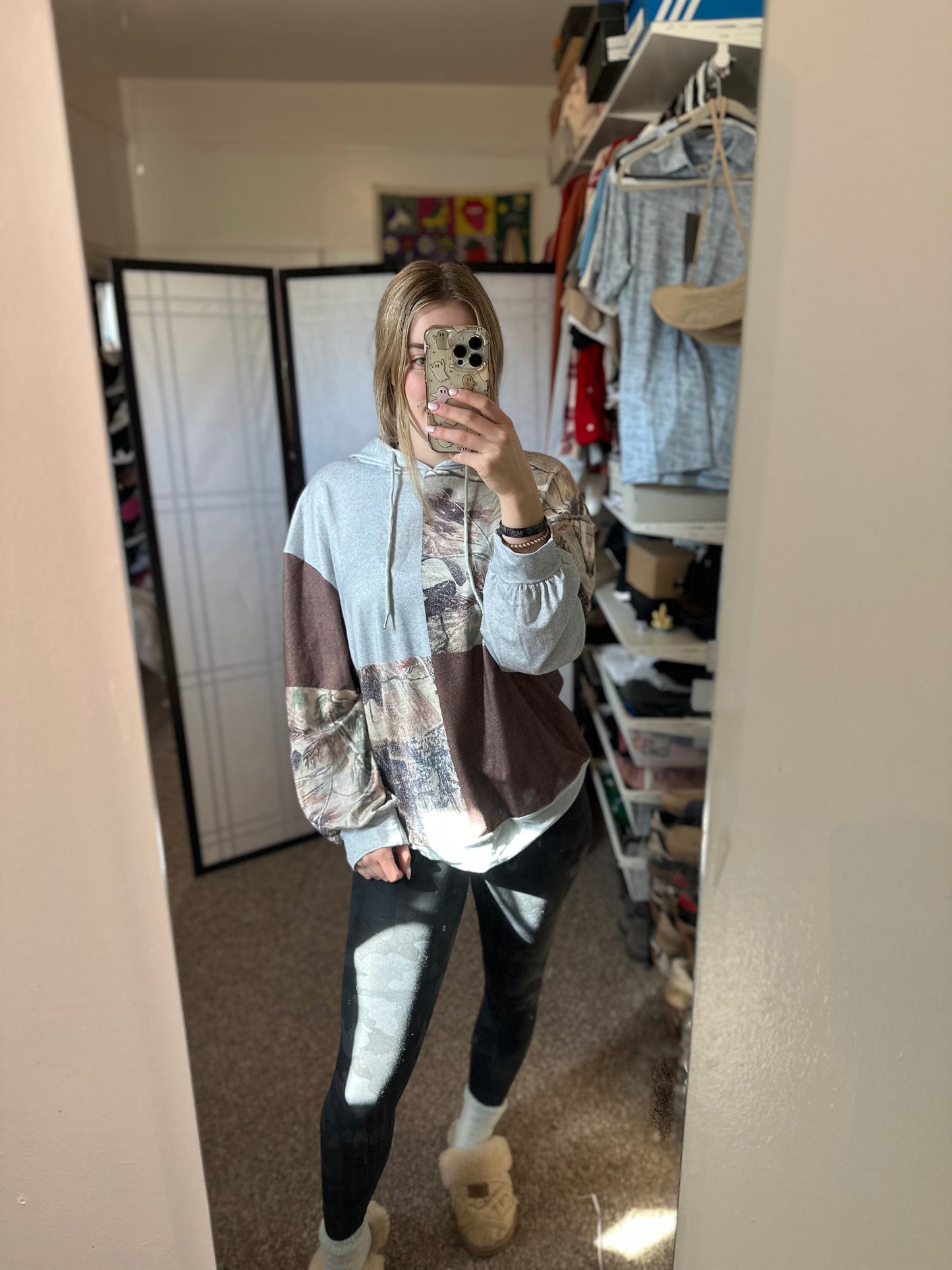 Camo Lightweight Drawstring Patchwork Hoodie