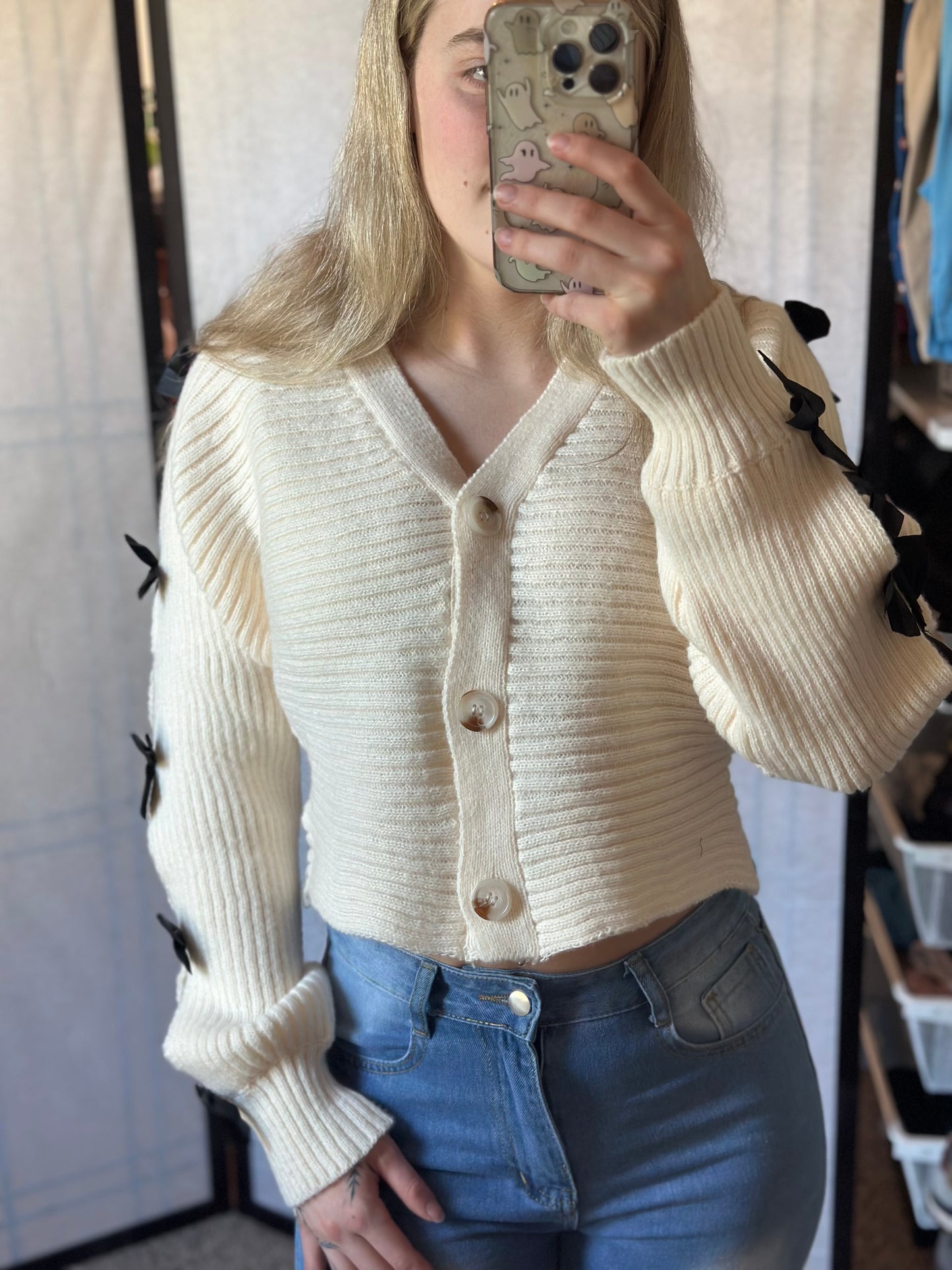 Bow V-Neck Cutout Sleeve Cardigan