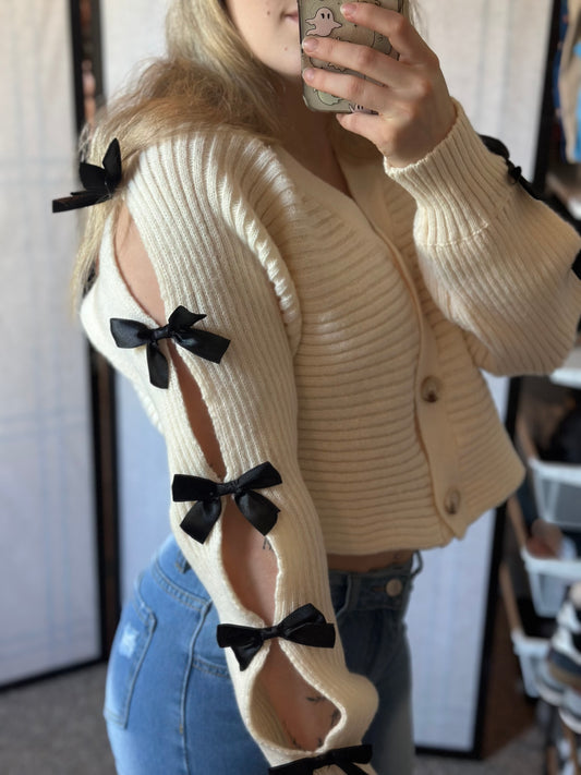 Bow V-Neck Cutout Sleeve Cardigan
